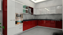 3D render of premium L-shaped modular kitchen design in red and white with built-in oven